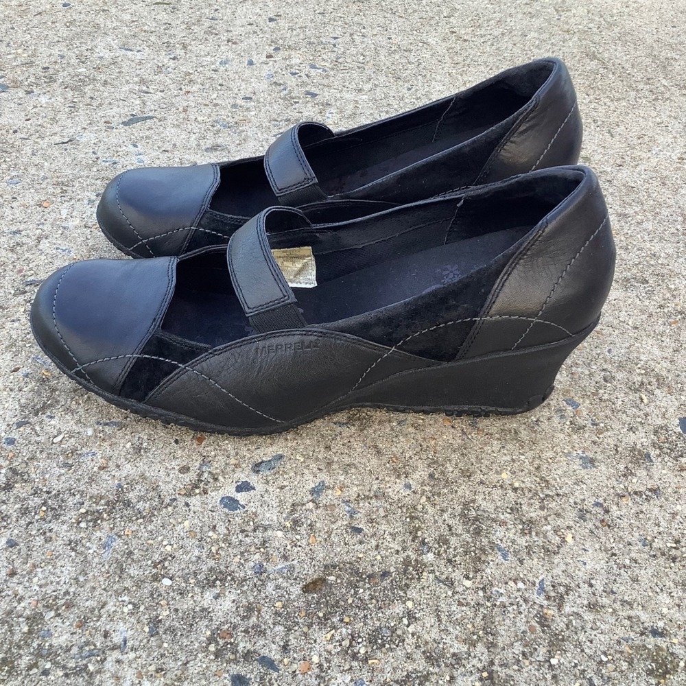 Merrell Orchid Black Leather Suede Mary Jane Wedge Shoes J46204 Vibram Womens 11